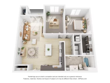 Rendering of the B4 floor plan with 2 bedroom[s] and 1 bathroom[s] at Navona