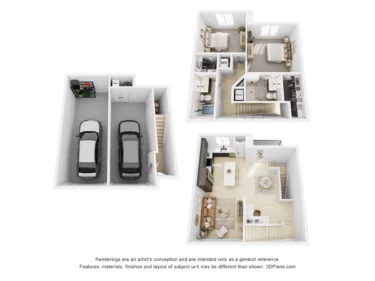 Rendering of the B3 floor plan with 2 bedroom[s] and 2 bathroom[s] at Navona
