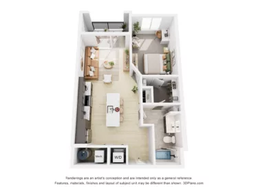 Rendering of the A2 floor plan with 1 bedroom[s] and 1 bathroom[s] at Navona