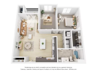 Rendering of the B4 floor plan with 2 bedroom[s] and 1 bathroom[s] at Navona