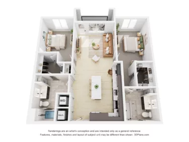 Rendering of the B2 floor plan with 2 bedroom[s] and 2 bathroom[s] at Navona