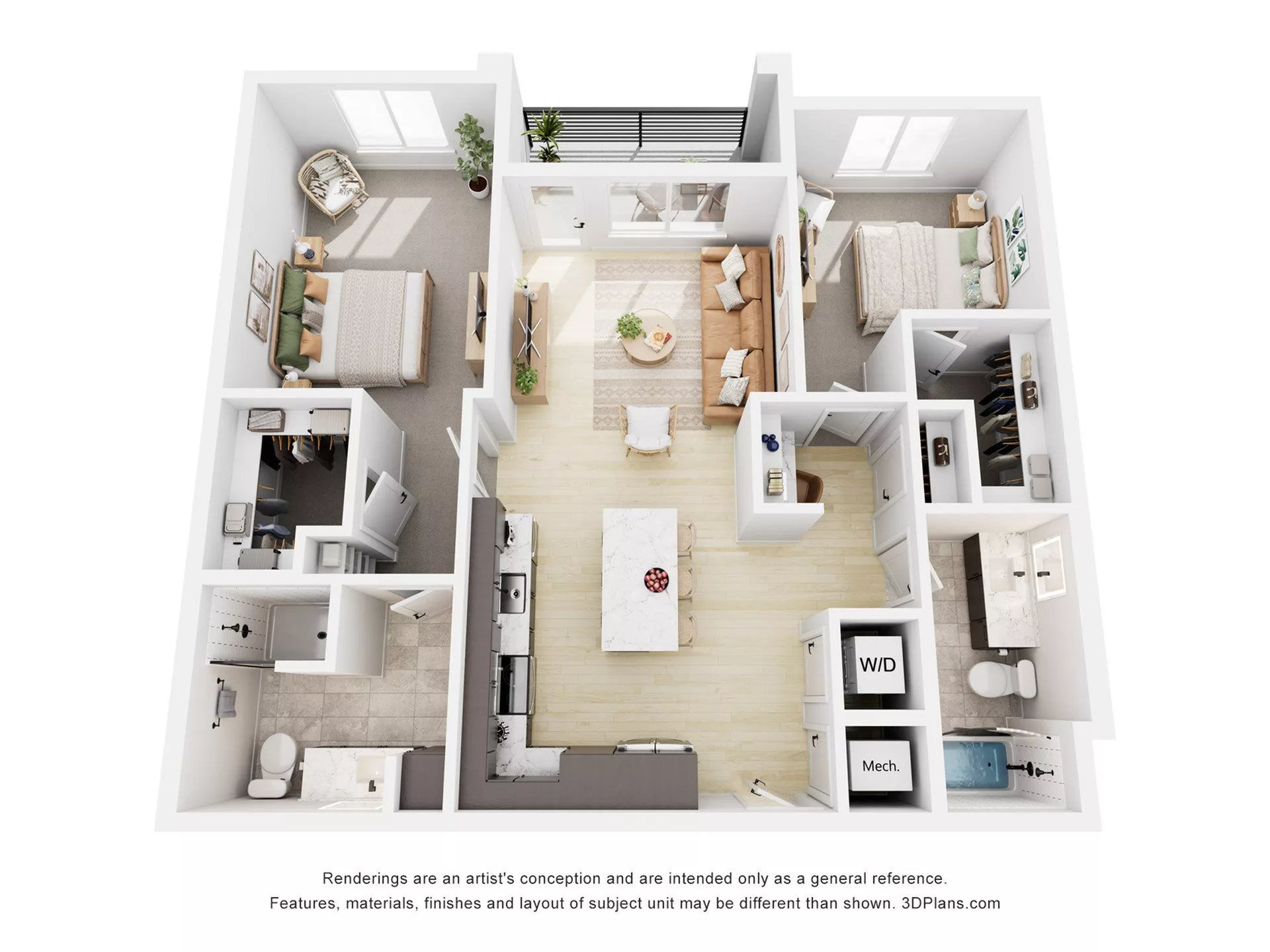 Rendering of the B1 floor plan with 2 bedroom[s] and 2 bathroom[s] at Navona
