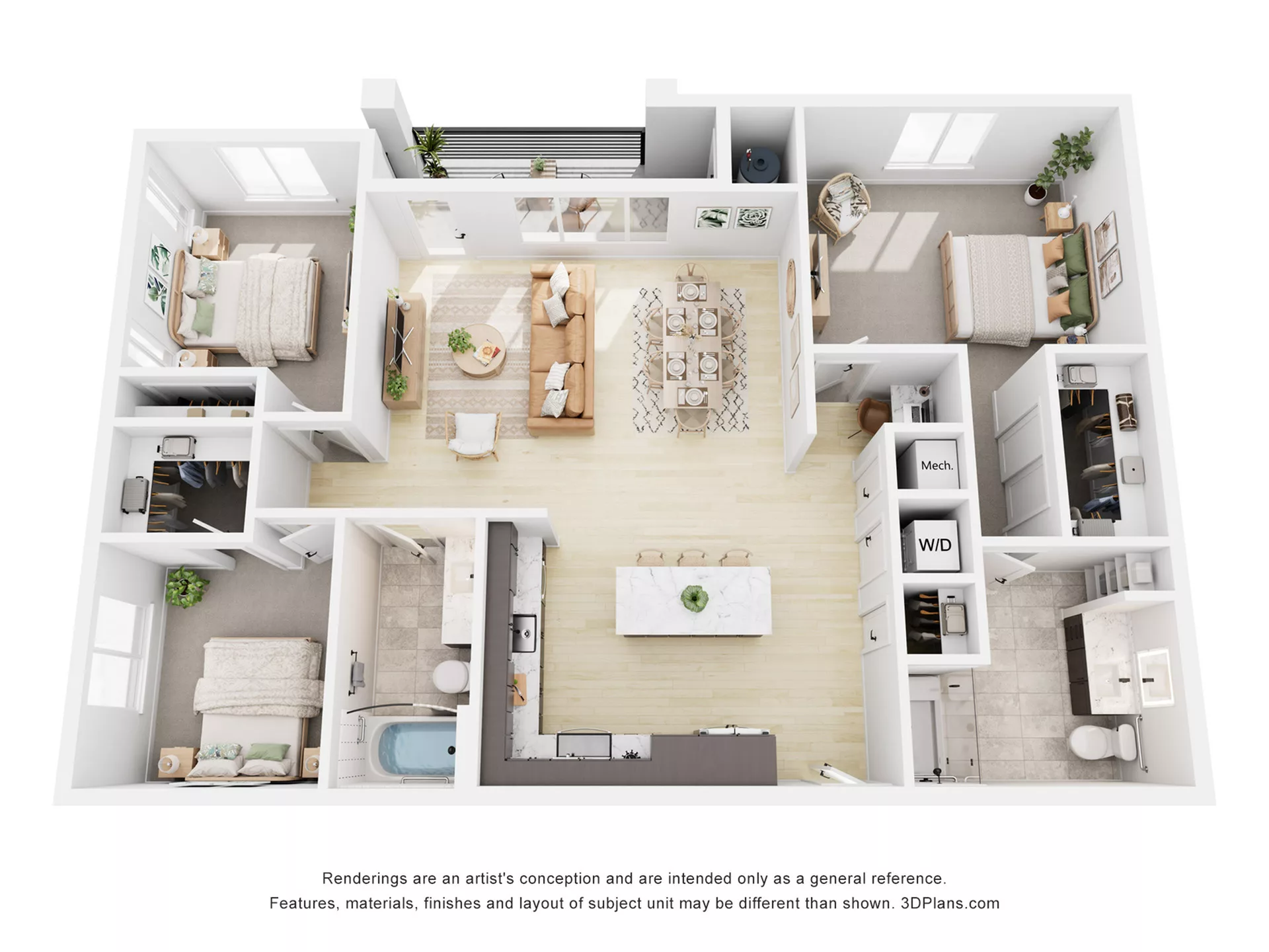 Rendering of the C1 floor plan with 3 bedroom[s] and 2 bathroom[s] at Navona