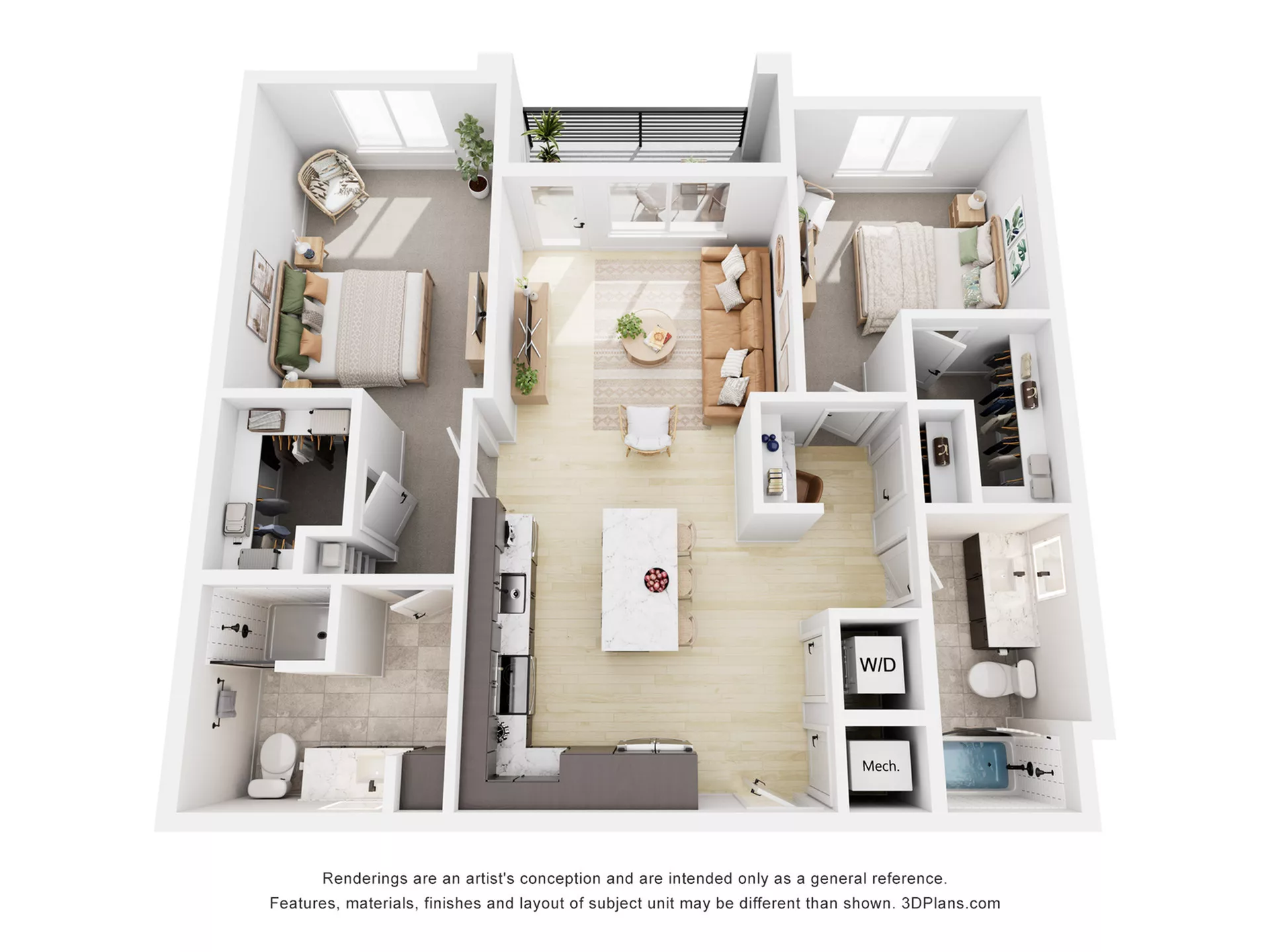 Rendering of the B1 floor plan with 2 bedroom[s] and 2 bathroom[s] at Navona