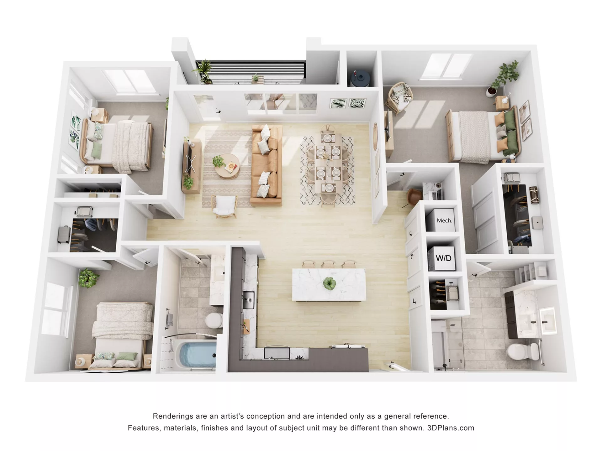 Rendering of the C1 floor plan with 3 bedroom[s] and 2 bathroom[s] at Navona