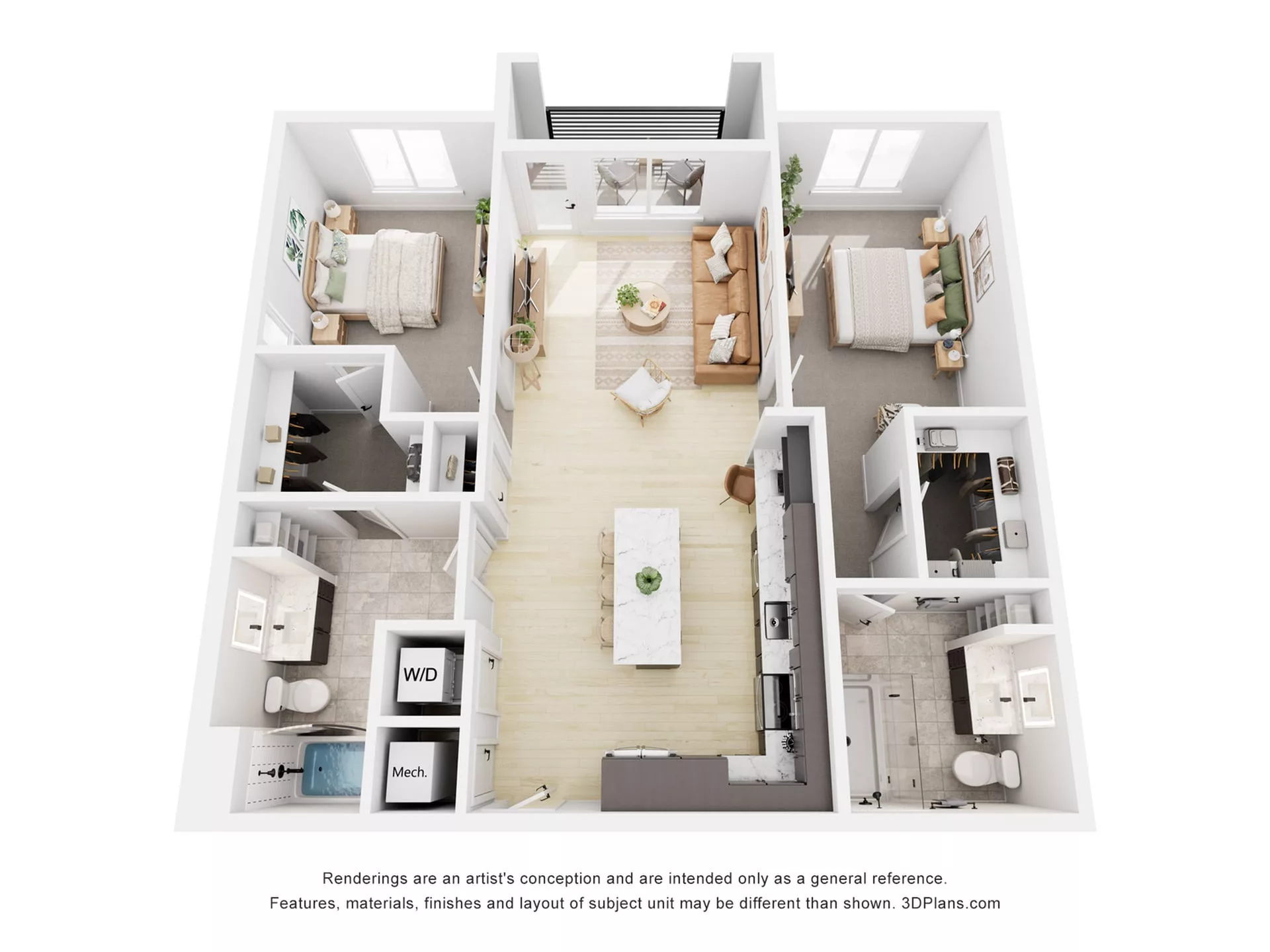 Rendering of the B2 floor plan with 2 bedroom[s] and 2 bathroom[s] at Navona