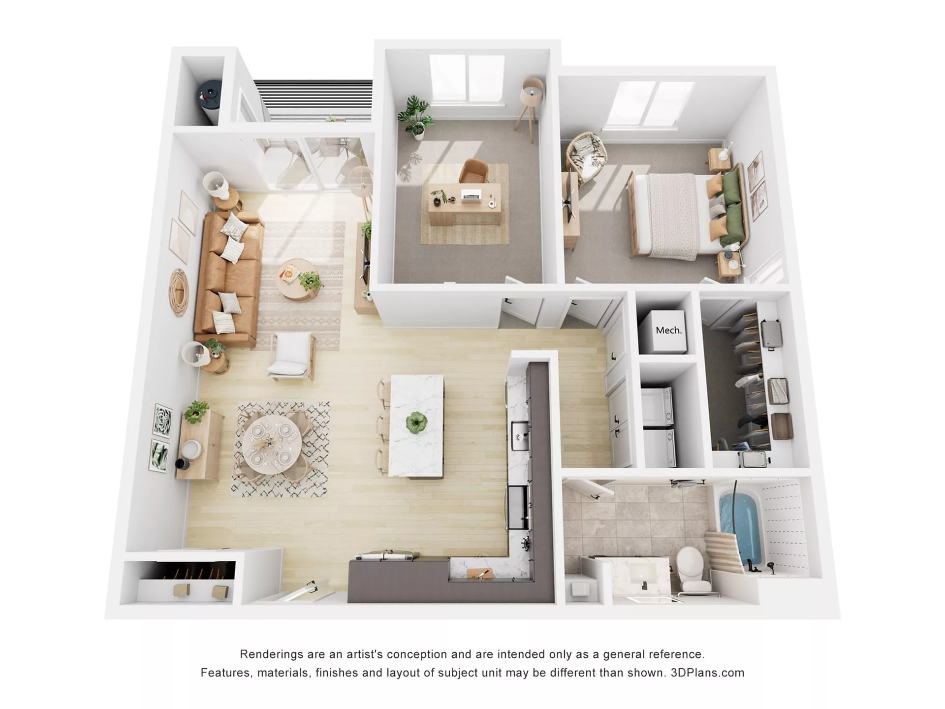 Rendering of the B4 floor plan with 2 bedroom[s] and 1 bathroom[s] at Navona