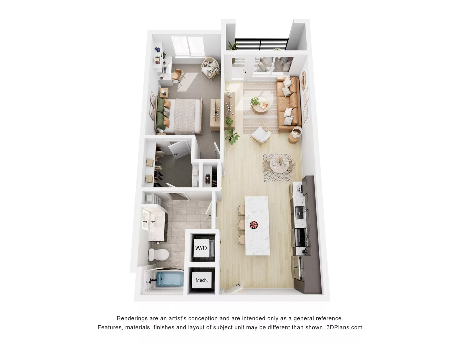 Rendering of the A1 floor plan with 1 bedroom[s] and 1 bathroom[s] at Navona
