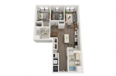 Rendering of the 2 Bed/2 Bath-B3 floor plan with 2 bedroom[s] and 2 bathroom[s] at Emblem 120