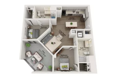 Rendering of the 2 Bed/2 Bath-B26 floor plan with 2 bedroom[s] and 2 bathroom[s] at Emblem 120