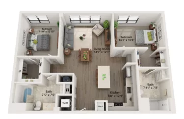 Rendering of the 2 Bed/2 Bath-B19 floor plan with 2 bedroom[s] and 2 bathroom[s] at Emblem 120
