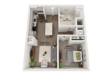 Rendering of the 1 Bed/1 Bath-A9 floor plan with 1 bedroom[s] and 1 bathroom[s] at Emblem 120