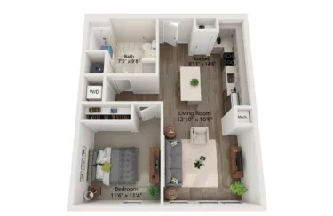 Rendering of the 1 Bed/1 Bath-A8 floor plan with 1 bedroom[s] and 1 bathroom[s] at Emblem 120