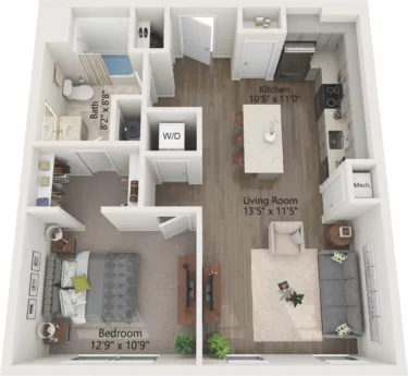 Rendering of the 1 Bed/1 Bath-A12 floor plan with 1 bedroom[s] and 1 bathroom[s] at Emblem 120