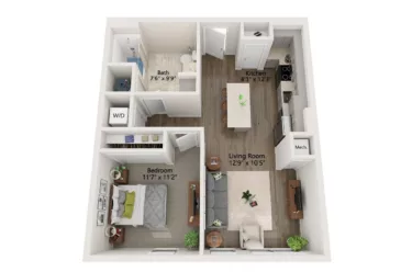 Rendering of the 1 Bed/1 Bath-A2 floor plan with 1 bedroom[s] and 1 bathroom[s] at Emblem 120