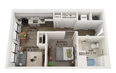 Rendering of the Studio-S1 floor plan with a Studio bedroom and 1 bathroom[s] at Emblem 120
