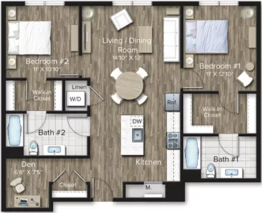 Rendering of the 2 Bed/2 Bath Den-BD1 floor plan with 2 bedroom[s] and 2 bathroom[s] at The Bradford