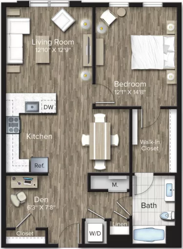 Rendering of the 1 Bed/1 Bath Den-AD13 floor plan with 1 bedroom[s] and 1 bathroom[s] at The Bradford