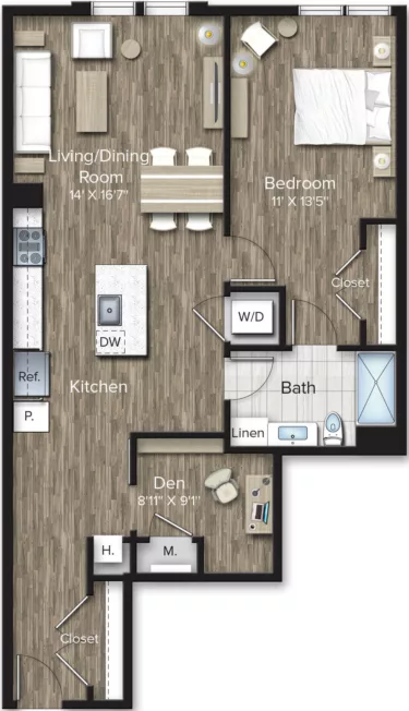 Rendering of the 1 Bed/1 Bath Den-AD14 floor plan with 1 bedroom[s] and 1 bathroom[s] at The Bradford