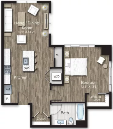 Rendering of the 1 Bed/1 Bath-A14 floor plan with 1 bedroom[s] and 1 bathroom[s] at The Bradford