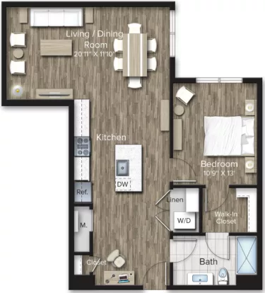 Rendering of the 1 Bed/1 Bath-A15 floor plan with 1 bedroom[s] and 1 bathroom[s] at The Bradford