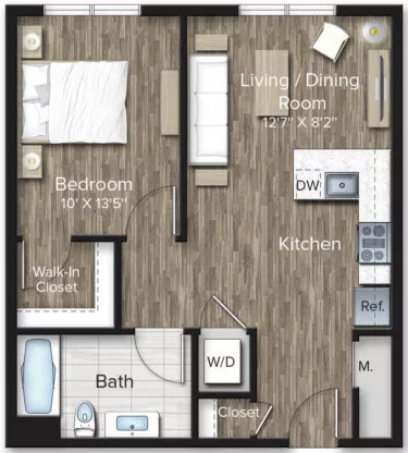 Rendering of the 1 Bed/1 Bath-A1 floor plan with 1 bedroom[s] and 1 bathroom[s] at The Bradford