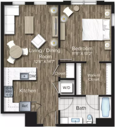 Rendering of the 1 Bed/1 Bath-A9 floor plan with 1 bedroom[s] and 1 bathroom[s] at The Bradford