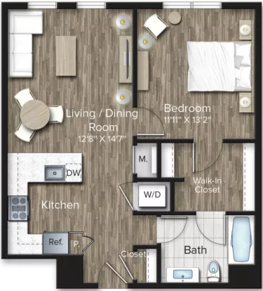 Rendering of the 1 Bed/1 Bath-A8 floor plan with 1 bedroom[s] and 1 bathroom[s] at The Bradford