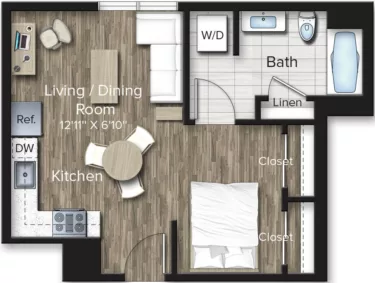 Rendering of the Studio-S1 floor plan with a Studio bedroom and 1 bathroom[s] at The Bradford