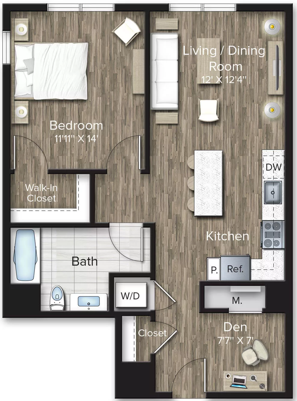 Rendering of the 1 Bed/1 Bath Den-AD4 floor plan with 1 bedroom[s] and 1 bathroom[s] at The Bradford