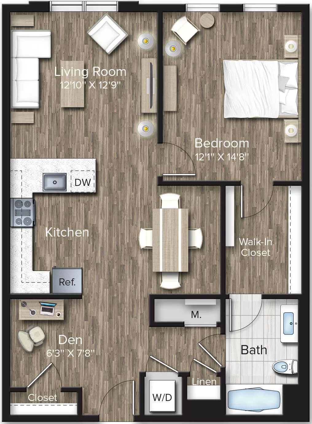 Rendering of the 1 Bed/1 Bath Den-AD13 floor plan with 1 bedroom[s] and 1 bathroom[s] at The Bradford