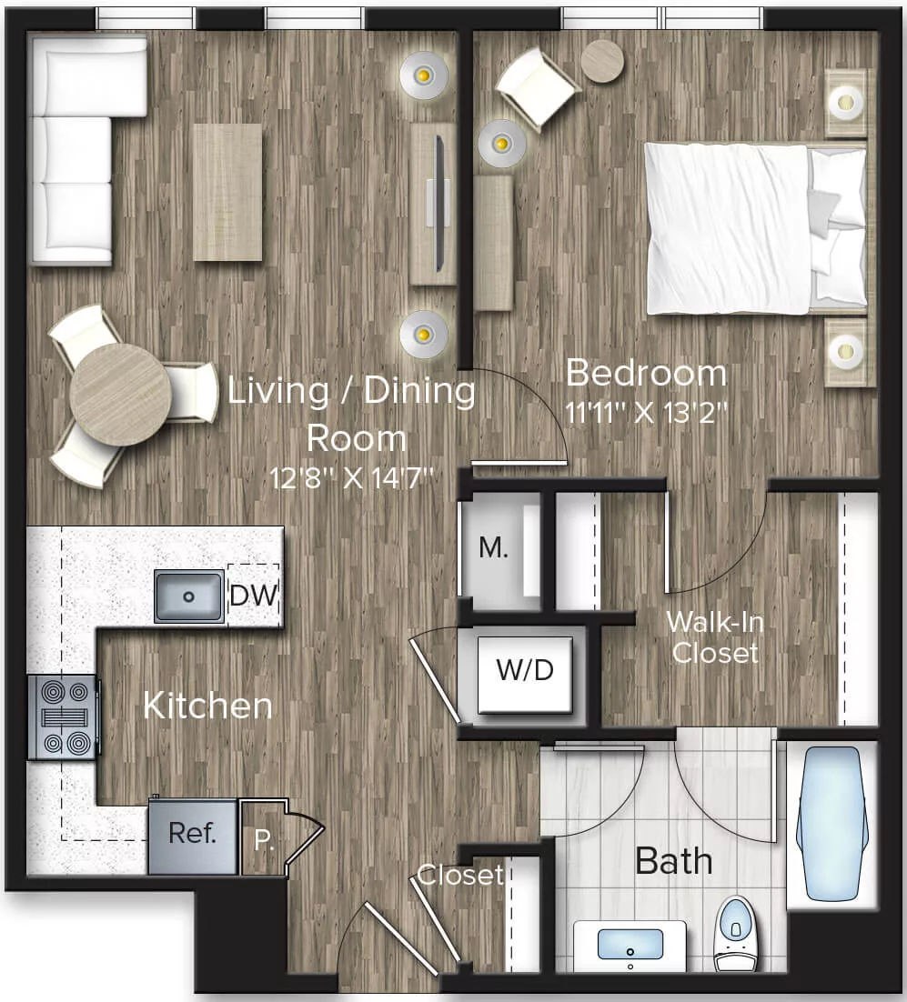 Rendering of the 1 Bed/1 Bath-A8 floor plan with 1 bedroom[s] and 1 bathroom[s] at The Bradford