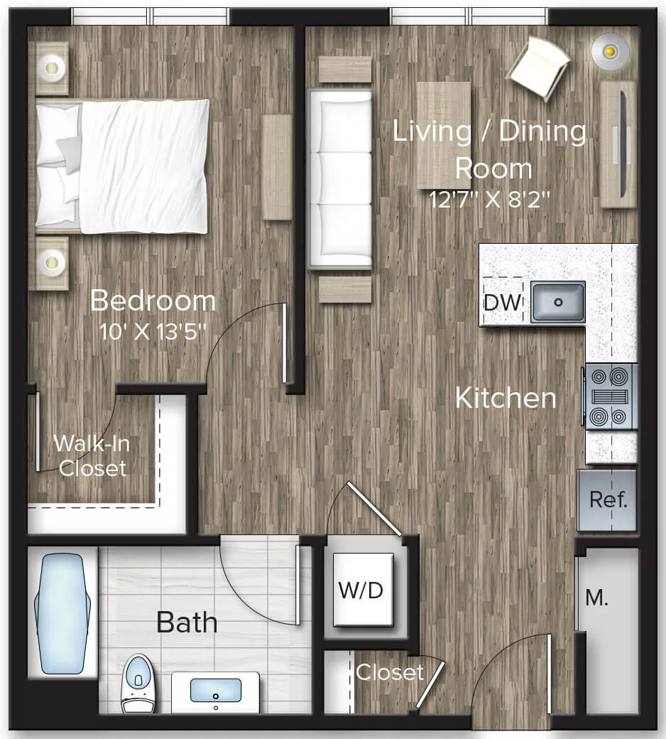 Rendering of the 1 Bed/1 Bath-A1 floor plan with 1 bedroom[s] and 1 bathroom[s] at The Bradford