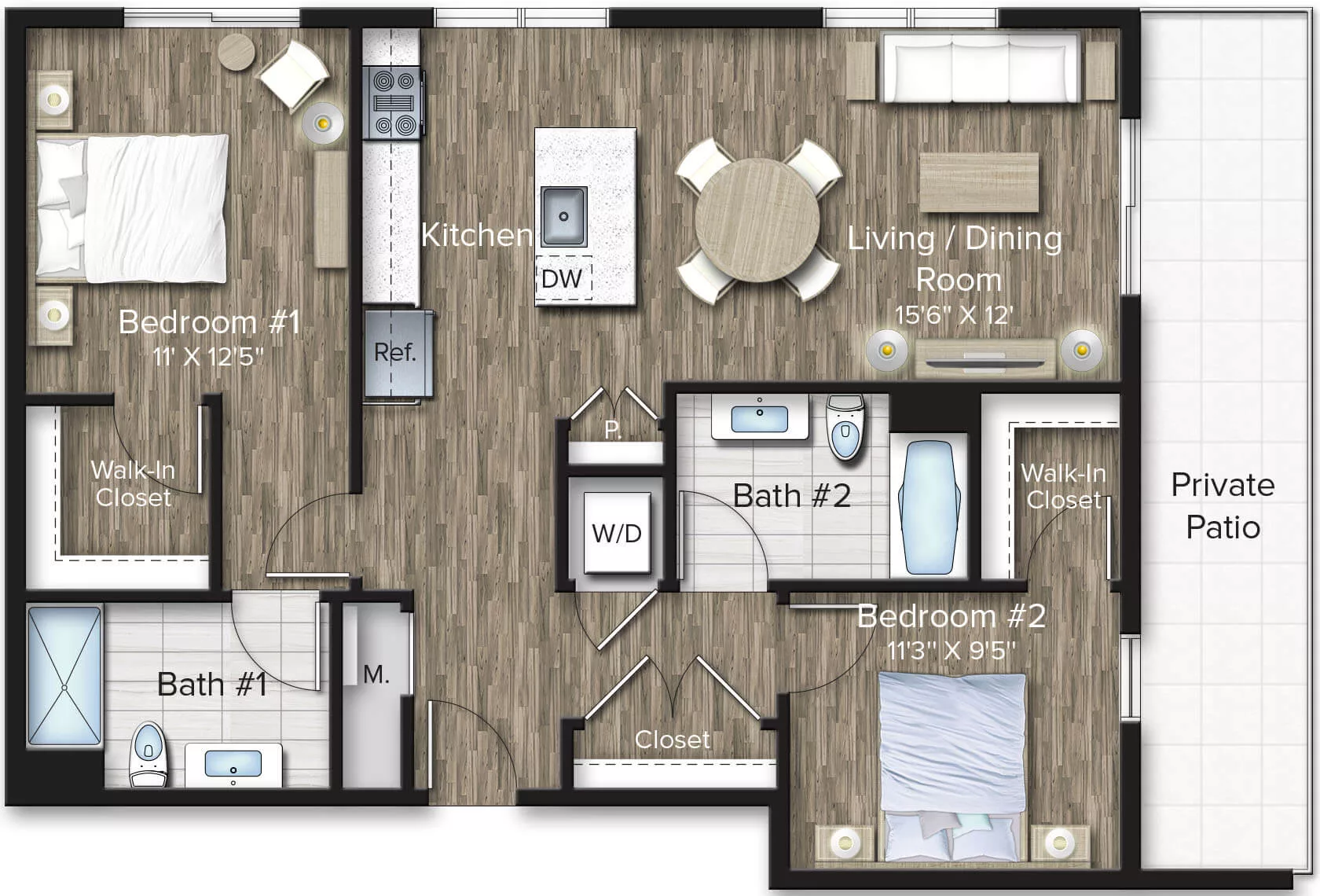 Rendering of the 2 Bed/2 Bath-B4 floor plan with 2 bedroom[s] and 2 bathroom[s] at The Bradford