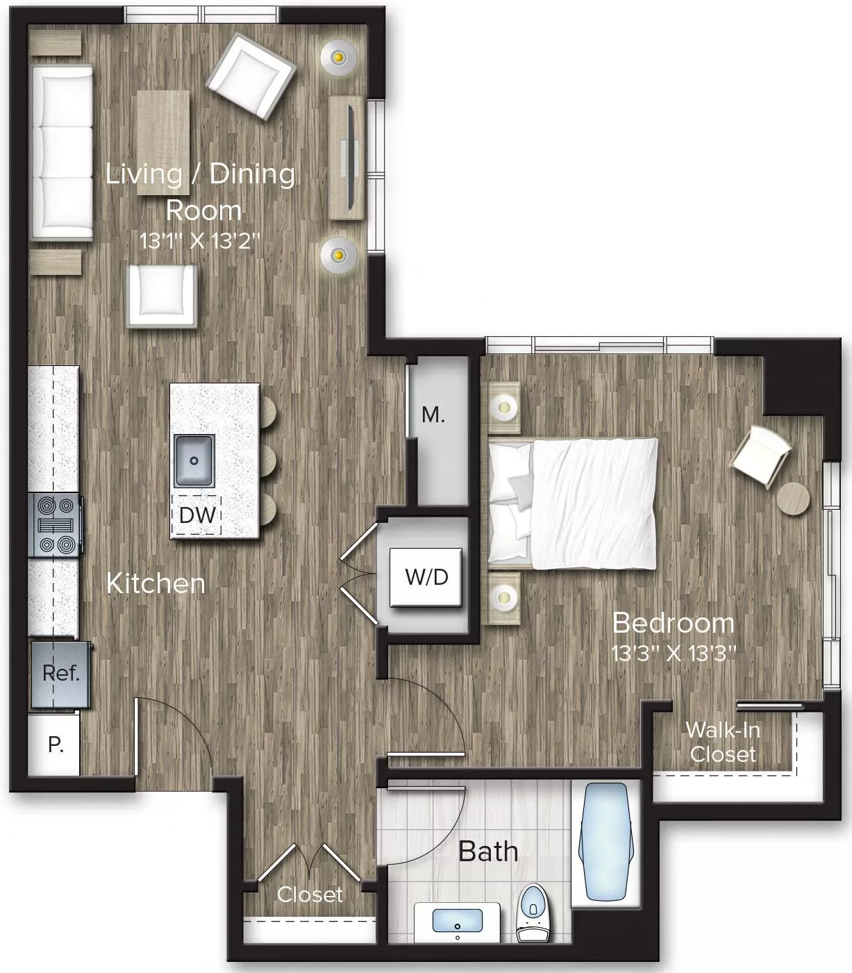 Rendering of the 1 Bed/1 Bath-A14 floor plan with 1 bedroom[s] and 1 bathroom[s] at The Bradford
