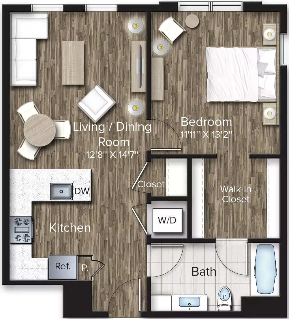 Rendering of the 1 Bed/1 Bath-A9 floor plan with 1 bedroom[s] and 1 bathroom[s] at The Bradford
