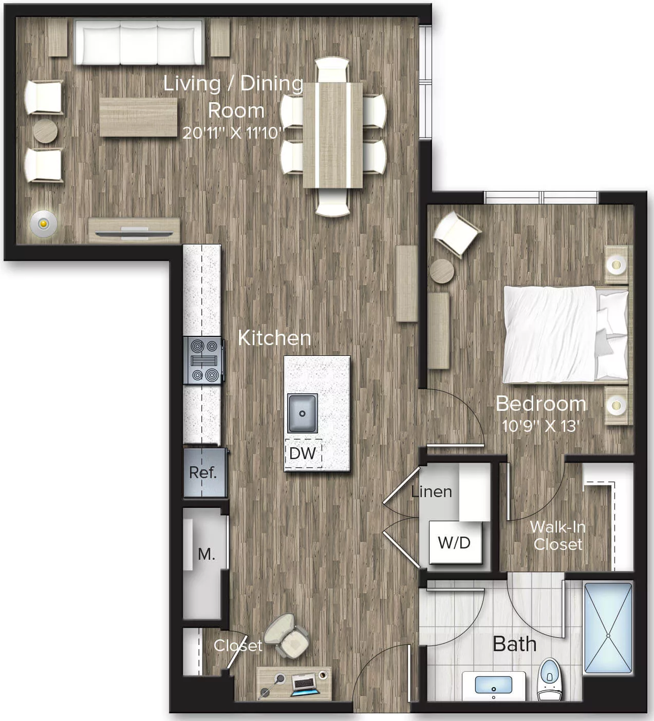 Rendering of the 1 Bed/1 Bath-A15 floor plan with 1 bedroom[s] and 1 bathroom[s] at The Bradford