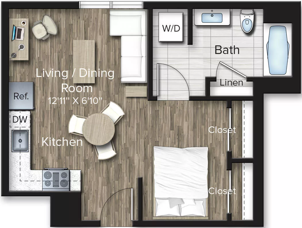 Rendering of the Studio-S1 floor plan with a Studio bedroom and 1 bathroom[s] at The Bradford