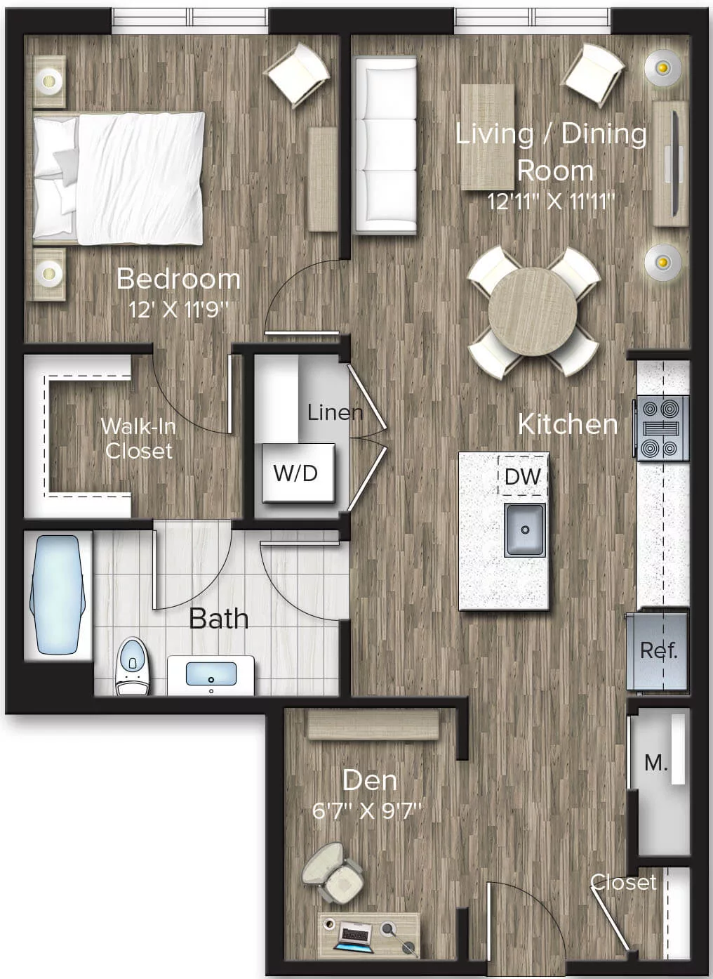 Rendering of the 1 Bed/1 Bath Den-AD5 floor plan with 1 bedroom[s] and 1 bathroom[s] at The Bradford
