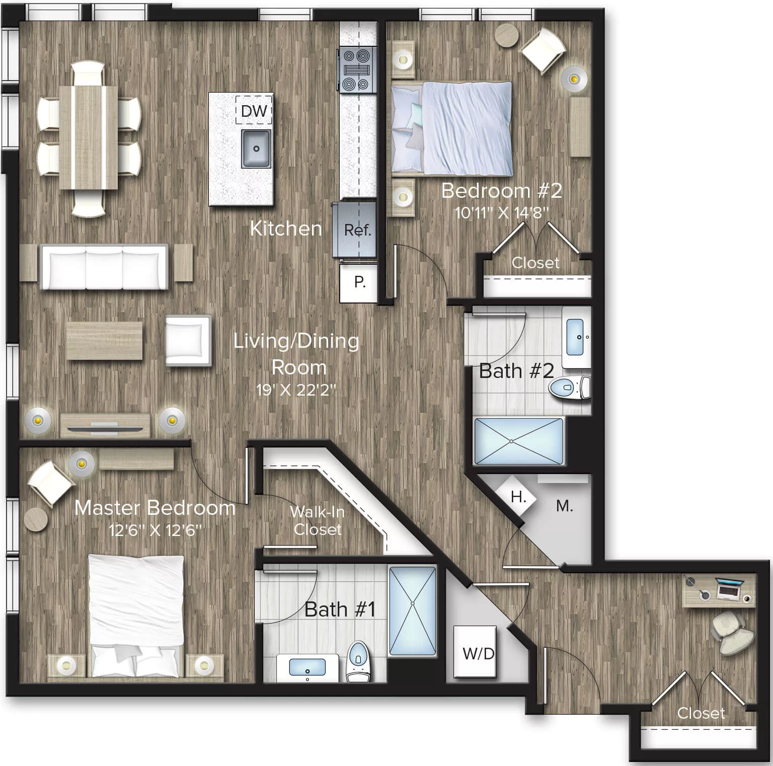 Rendering of the 2 Bed/2 Bath-B16 floor plan with 2 bedroom[s] and 2 bathroom[s] at The Bradford