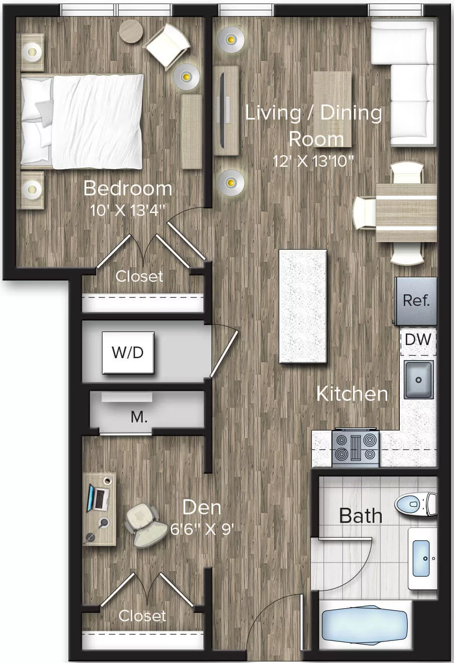 Rendering of the 1 Bed/1 Bath Den-AD2 floor plan with 1 bedroom[s] and 1 bathroom[s] at The Bradford