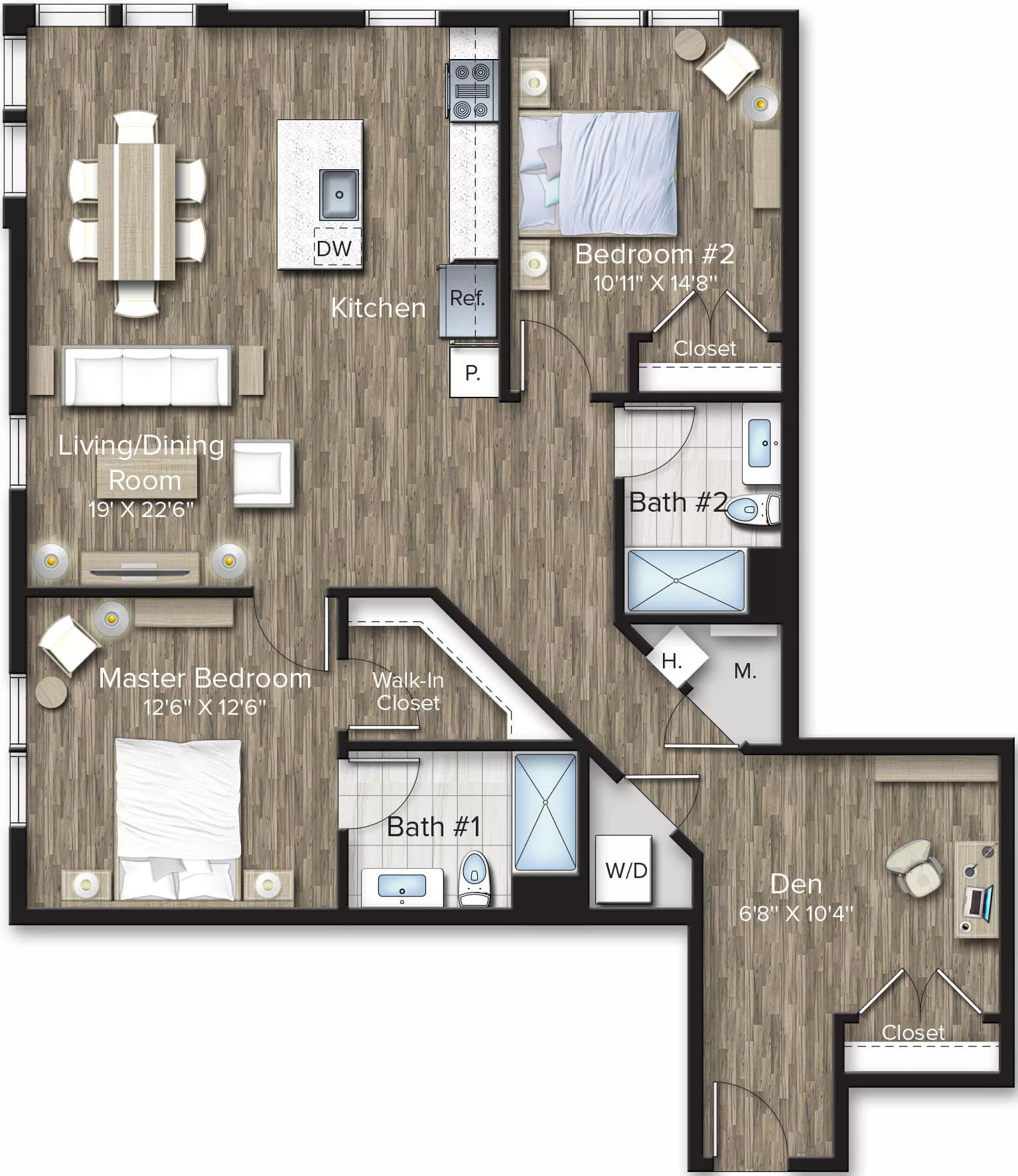 Rendering of the 2 Bed/2 Bath Den-BD4 floor plan with 2 bedroom[s] and 2 bathroom[s] at The Bradford