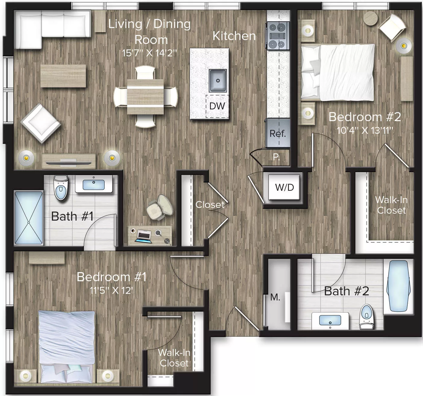 Rendering of the 2 Bed/2 Bath-B12 floor plan with 2 bedroom[s] and 2 bathroom[s] at The Bradford