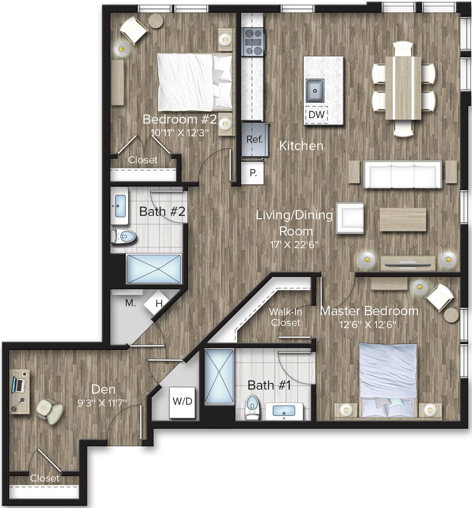 Rendering of the 2 Bed/2 Bath Den-BD2 floor plan with 2 bedroom[s] and 2 bathroom[s] at The Bradford