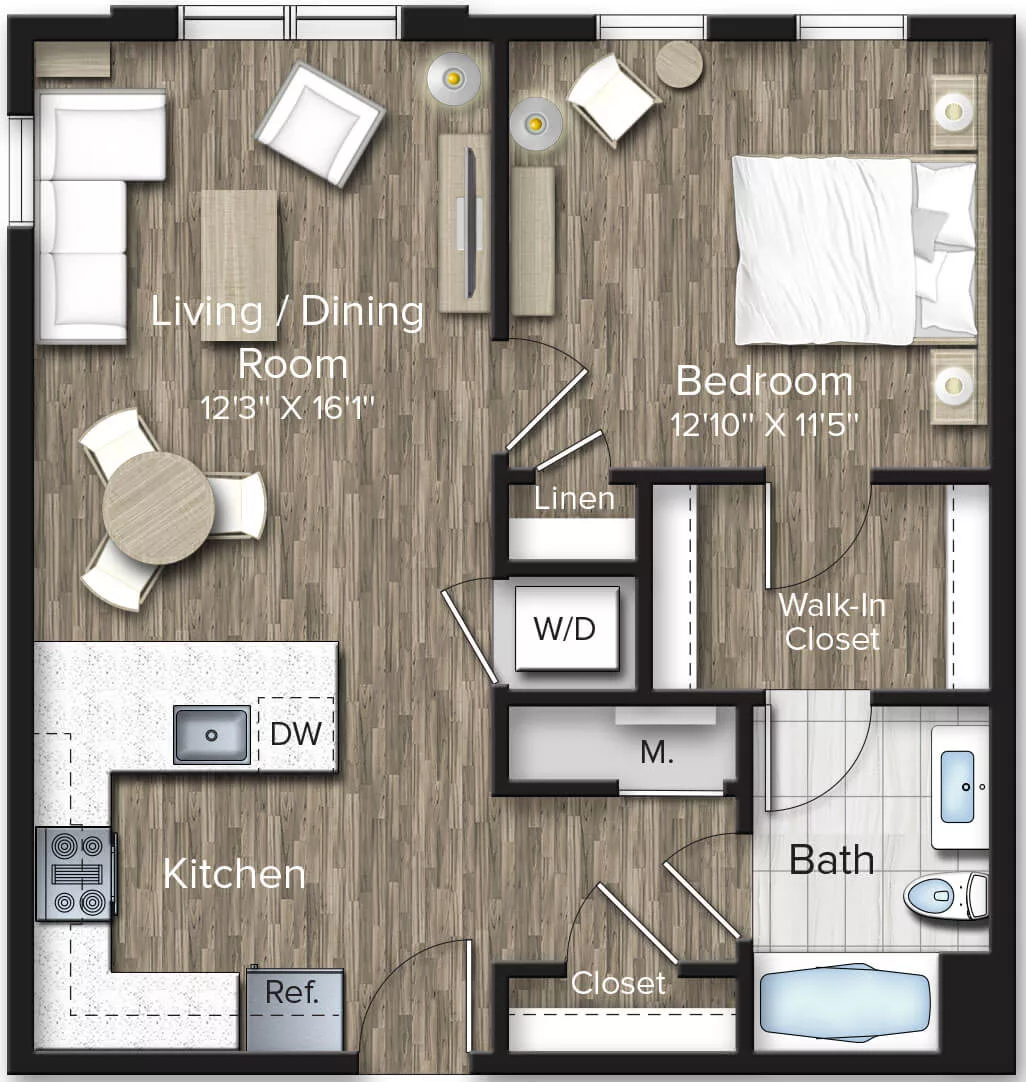 Rendering of the 1 Bed/1 Bath-A7 floor plan with 1 bedroom[s] and 1 bathroom[s] at The Bradford