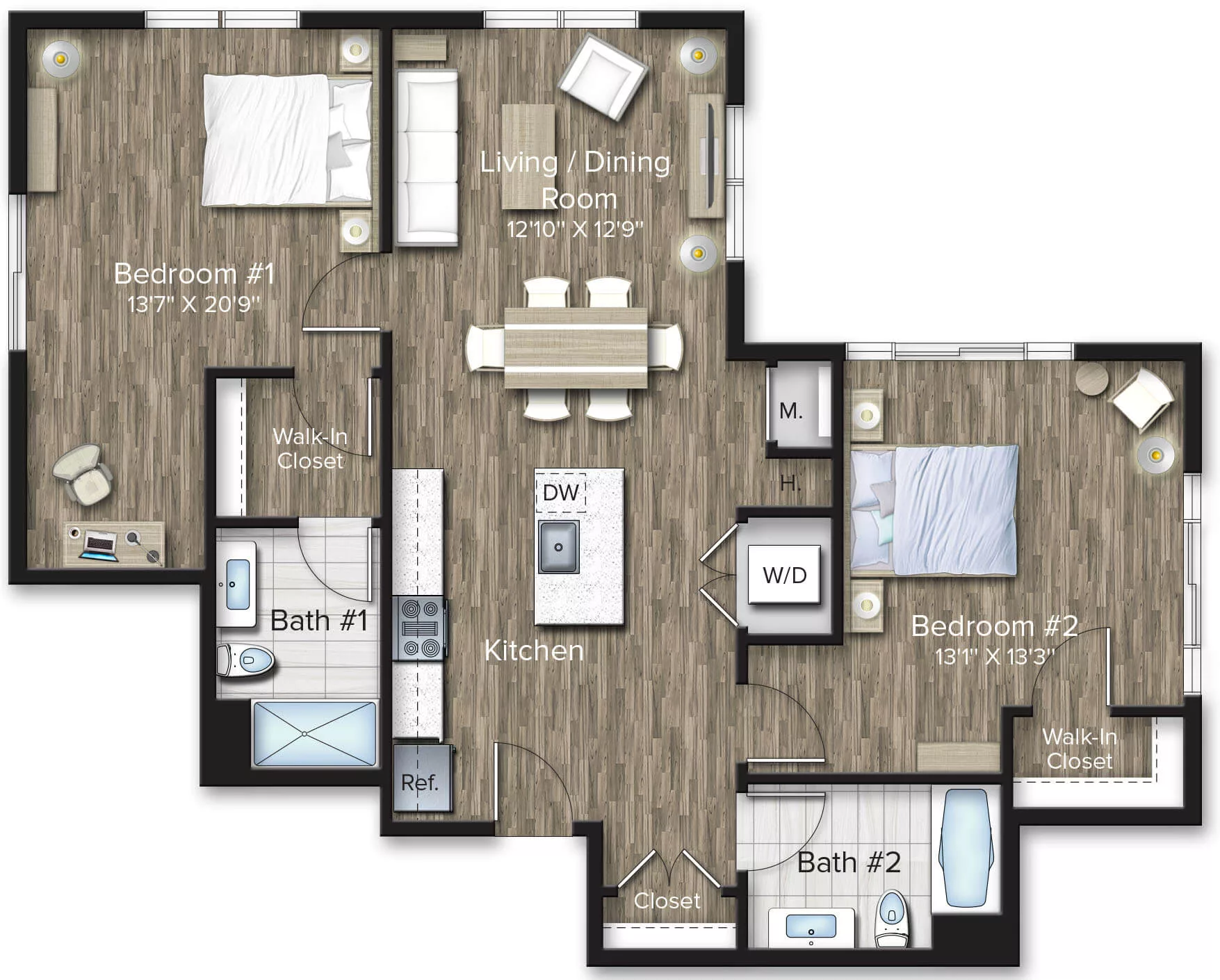 Rendering of the 2 Bed/2 Bath-B14 floor plan with 2 bedroom[s] and 2 bathroom[s] at The Bradford
