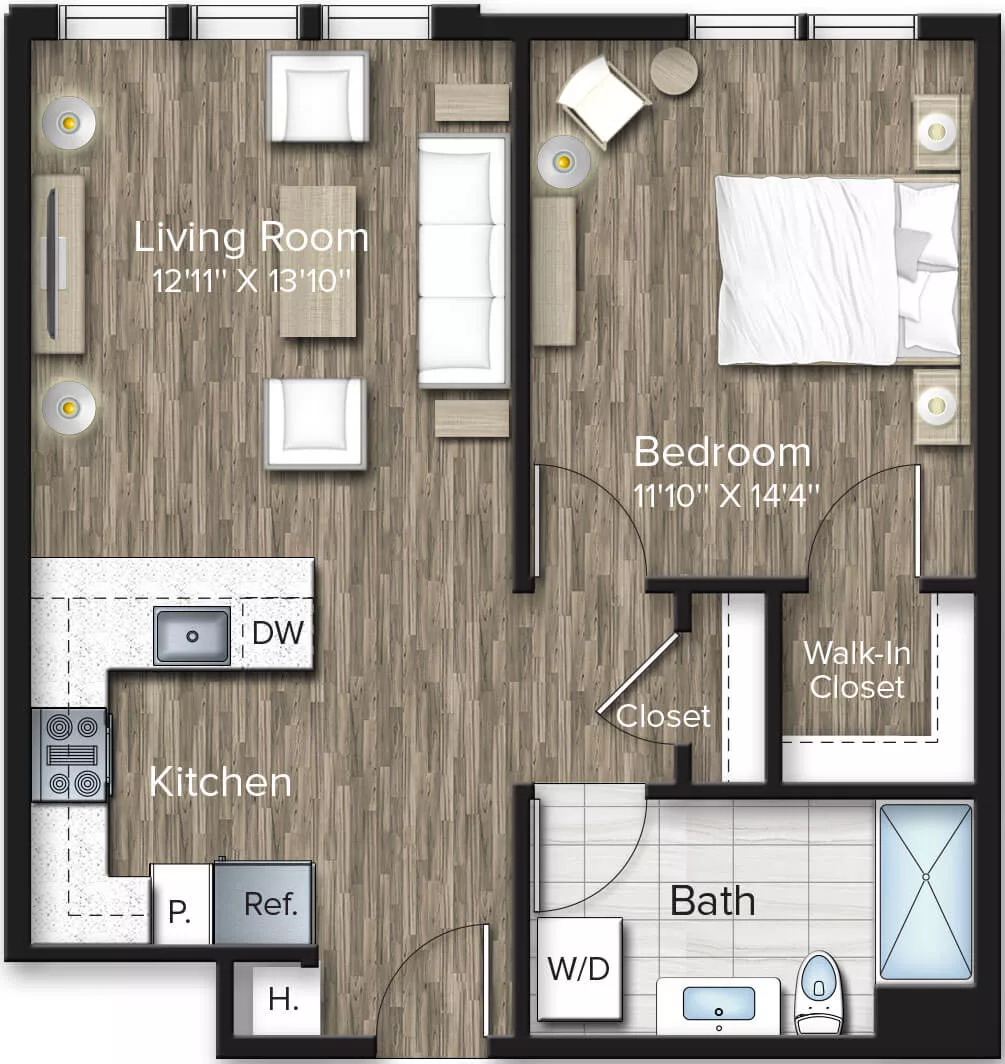 Rendering of the 1 Bed/1 Bath-A4 floor plan with 1 bedroom[s] and 1 bathroom[s] at The Bradford