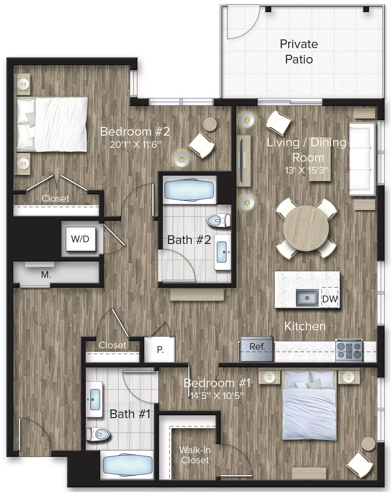 Rendering of the 2 Bed/2 Bath-B17 floor plan with 2 bedroom[s] and 2 bathroom[s] at The Bradford