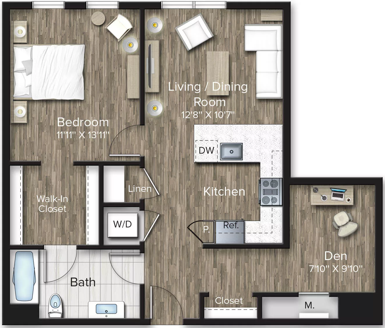Rendering of the 1 Bed/1 Bath Den-AD8 floor plan with 1 bedroom[s] and 1 bathroom[s] at The Bradford