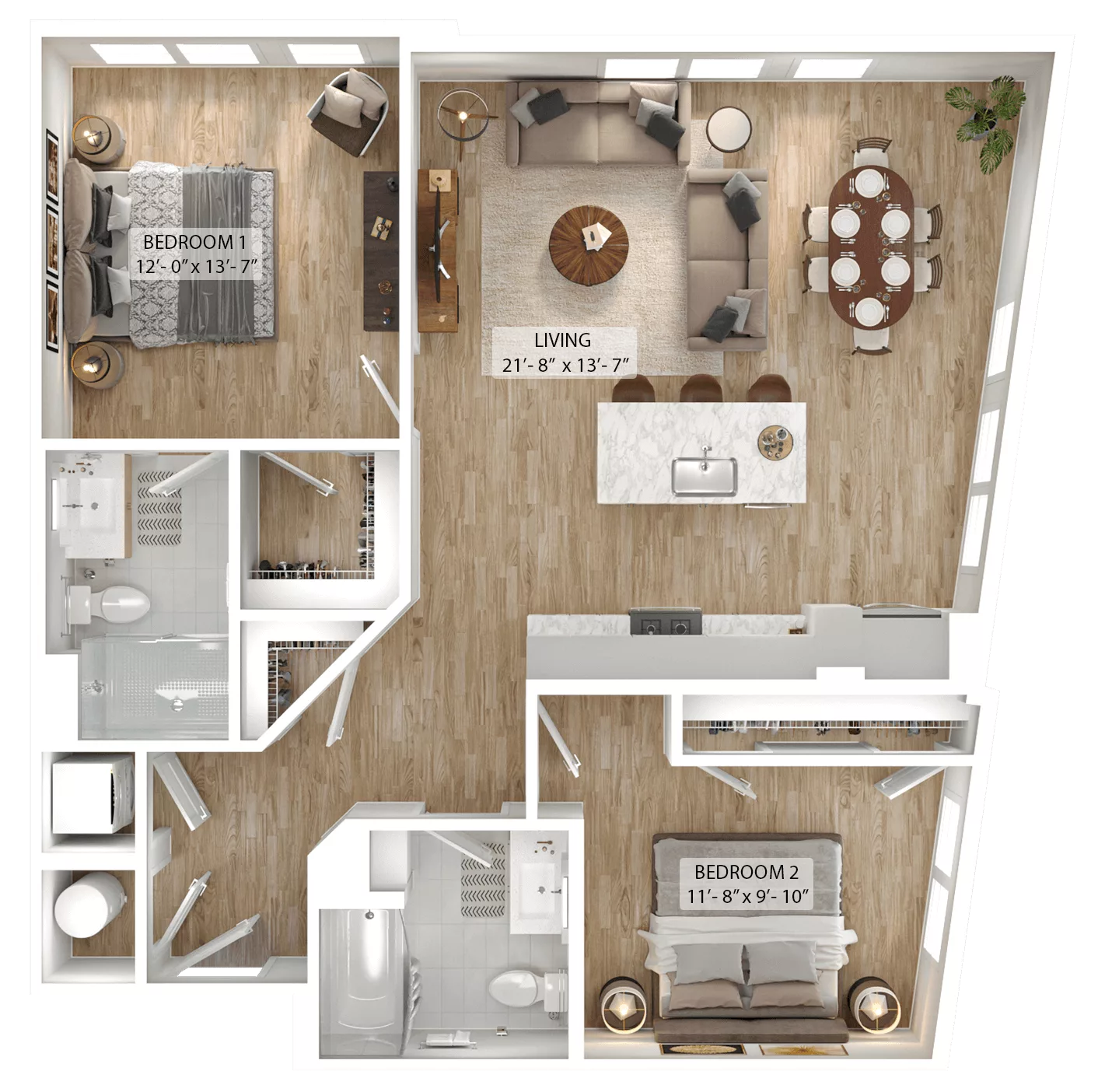 Rendering of the 2 Bed/2 Bath-B9 floor plan with 2 bedroom[s] and 2 bathroom[s] at Julius